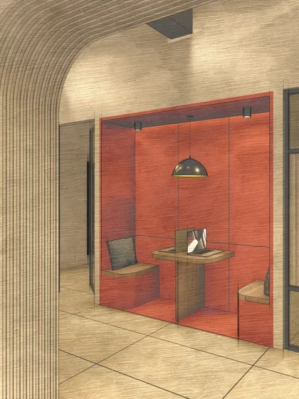 A comparison showing the realization of the arched entryway and the cozy breakout nook.