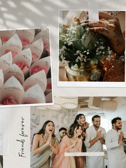 A collage capturing the details and emotions of an engagement party. From the floral decor to the friends' joyful reactions, it tells the story of a love built on friendship.