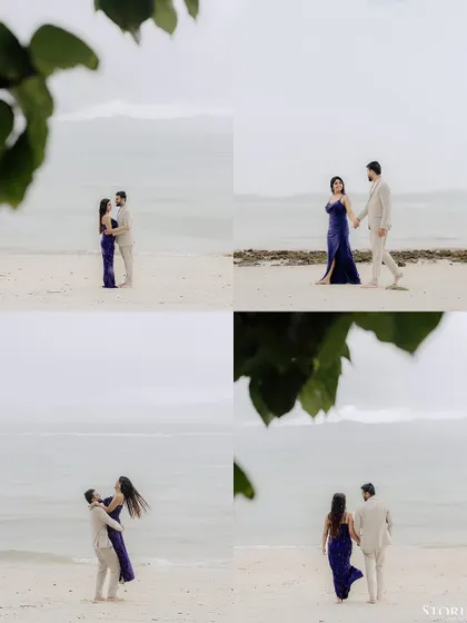 A collage of moments from a beach walk in Thailand, showing the couple's interaction against the beautiful, moody seascape.