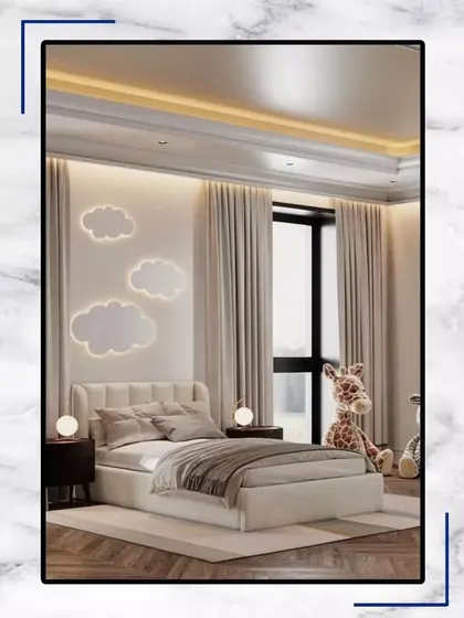 This kids' bedroom design is fun, contemporary, and calm. The cloud-shaped lights and soft color palette help create a soothing space for children to rest and dream.