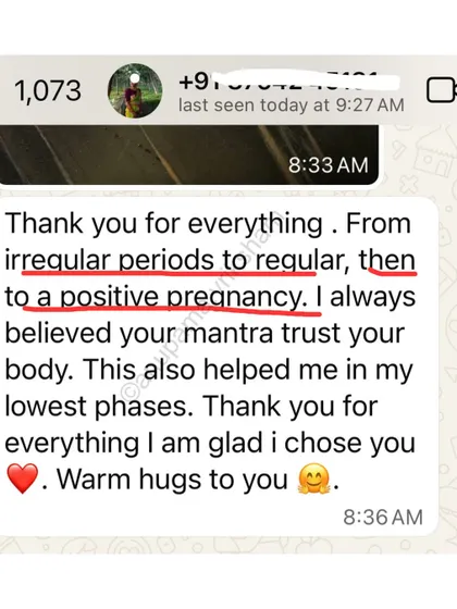 This message says it all. Believing in the "trust your body" mantra helped this student regulate her periods and get a positive result. This mindset shift is a core part of my coaching.