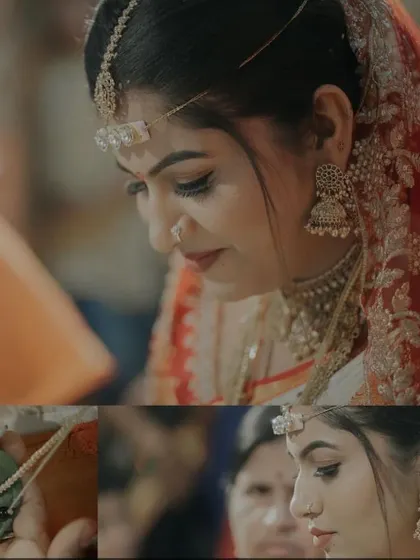 A collage of moments from the Muhurtham, focusing on the bride's serene expressions. The soft, natural makeup ensures she looks like herself.