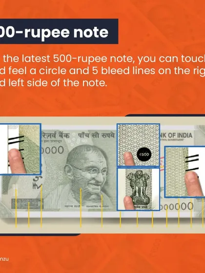 On the 500-rupee note, you can feel an embossed circle and five bleed lines on the right and left sides, another tactile feature for identification.