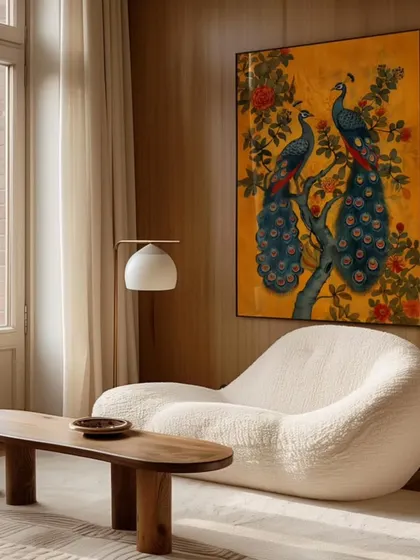 A traditional painting of two peacocks perched on a branch. This style is perfect for homes that embrace classic Indian motifs and want to incorporate art with cultural and Vaastu significance.