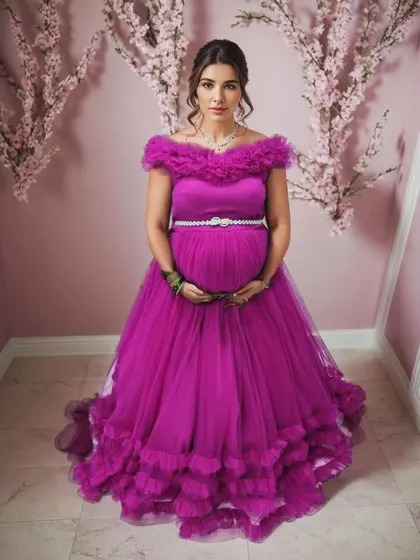 This off-shoulder magenta ruffle gown is a showstopper. The rich color and voluminous tiered ruffles create a glamorous look, while the sparkling belt highlights the empire waist, beautifully accommodating the baby bump.