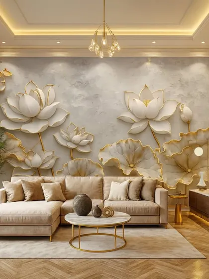 This 5D wallpaper showcases beautiful lotus flowers with golden edges, appearing to float on a serene, textured background. A perfect design for creating a peaceful and spiritual ambiance.