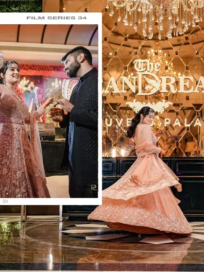 A dynamic collage of the bride at her Sangeet. One shot captures her twirling in her beautiful gown, while the other shows a candid dance moment with a guest.