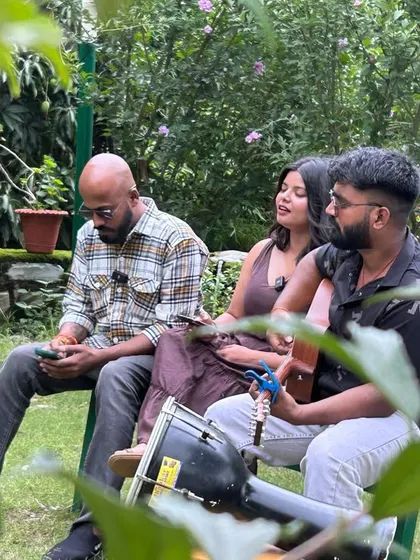 Guests collaborate on a song in the garden of Renz Himalayan Retreat during our music retreat. We create spaces for connection, creativity, and shared experiences in nature.