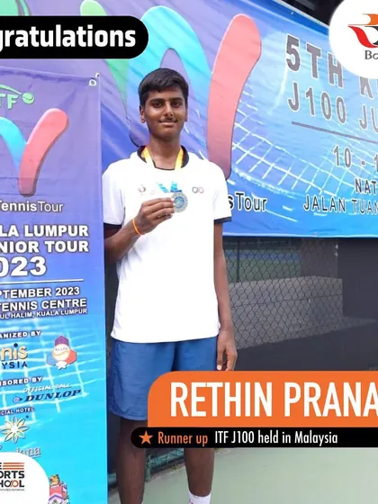 A remarkable run to the final! We congratulate Rethin Pranav for securing the runner-up position at the prestigious ITF J100 in Malaysia, showcasing his exceptional talent on an international stage.
