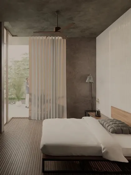 A bedroom render for the Sanctuary Residence, where simplicity and material honesty create a calming effect. The space opens to a private courtyard, allowing nature to become an integral part of the room.