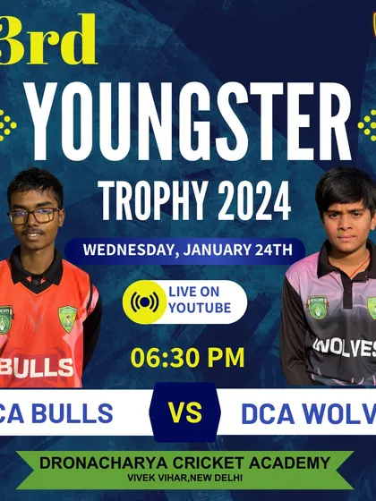 A promotional graphic for a crucial match between DCA Bulls and DCA Wolves in the Youngster Trophy.