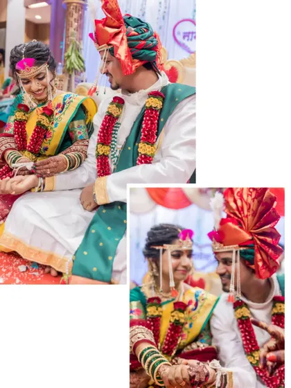 A collage of sweet, interactive moments between the bride and groom during their wedding ceremony.