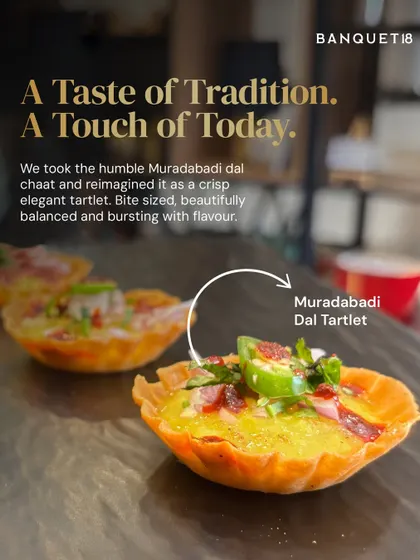 We took the humble Muradabadi dal chaat and reimagined it as a crisp, elegant tartlet. It’s bite-sized, beautifully balanced, and bursting with the authentic flavors of warm mung dal and a spicy hing tadka.