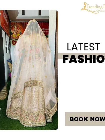 For brides who dream of a fairytale look, this off-white and gold lehenga is a perfect choice. It’s elegant, sophisticated, and available to rent.