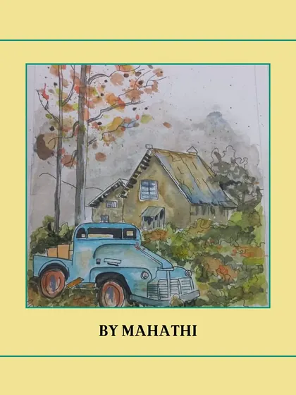 A rustic scene featuring a vintage truck, painted by Mahathi. This piece shows great use of loose watercolor techniques combined with fine ink details.