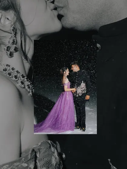 An artistic collage blending color and monochrome. The central image of the couple in the snow is framed by close-ups, creating a layered and emotional composition.