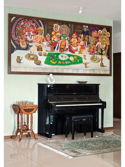 An upright piano and an antique chess table frame the dining area, adding to the room's atmosphere of culture and sophistication.