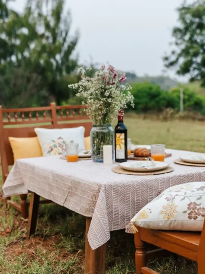 A full view of the outdoor dining table, showcasing our patterned tablecloth, matching cushions on the chairs, and simple, elegant tableware. It’s a perfect inspiration for your next garden party.