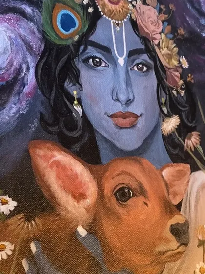 Another angle of the finished Krishna painting, with a beautiful cosmic swirl in the background.