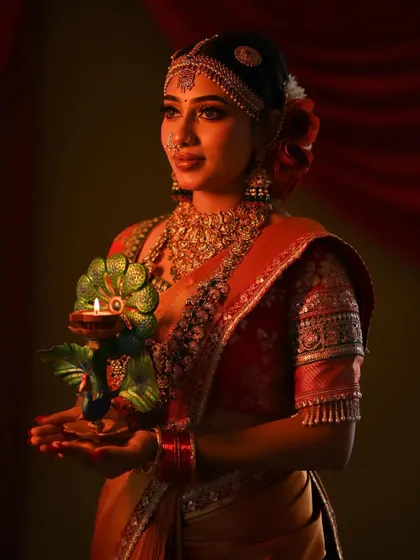 Holding a traditional lamp, the bride glows in this beautiful saree. The detailed blouse sleeve with its delicate tassels is one of my favorite elements.