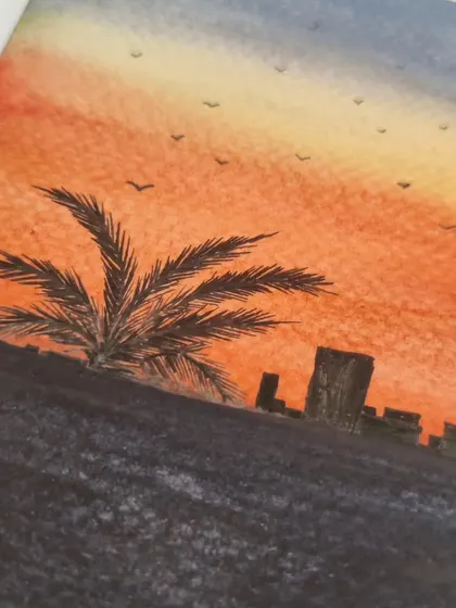 A watercolor painting of a sunset silhouette. I love turning beautiful photos into paintings, capturing the mood and color of a specific moment.