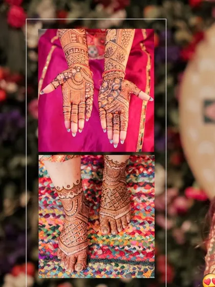 A collage showing the detailed mehandi on a bride's hands and feet. Creating a complete, matching set is an important part of the full bridal mehandi experience.