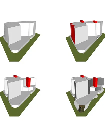 Terraced and peeled 4/8… diagrams showing the development of a building with curved, peeling walls.