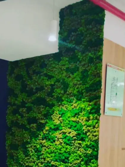 An L-shaped green wall installation in a commercial space. The bright green moss-like texture adds a vibrant splash of color to the corner.