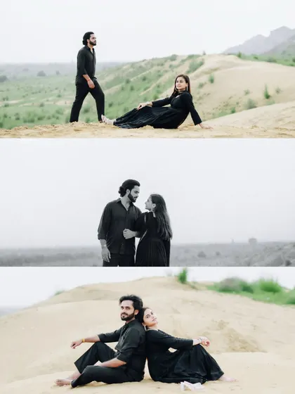 A collage of three images from a sand dune shoot, blending a wide shot with more intimate black and white portraits.