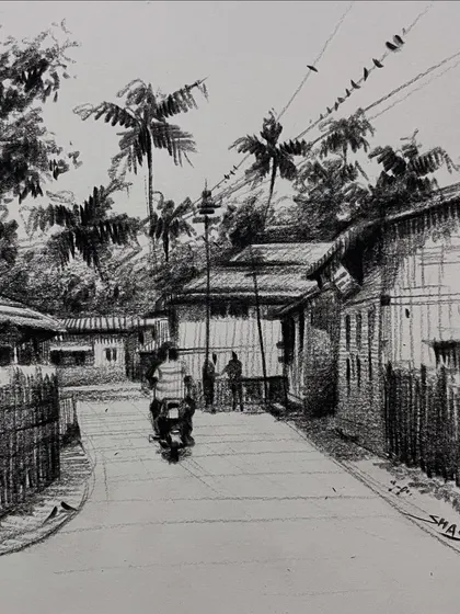A pencil landscape of a village road, demonstrating perspective and shading techniques taught in my online course.