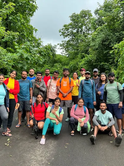 A happy and tired group after a long day of trekking in the Sahyadris.