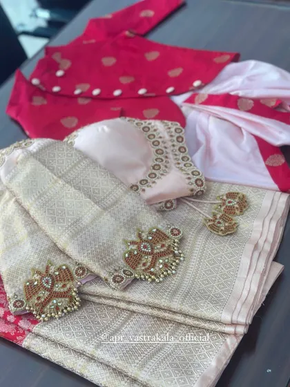 A close-up of the matching embroidery details on the mother-son set.