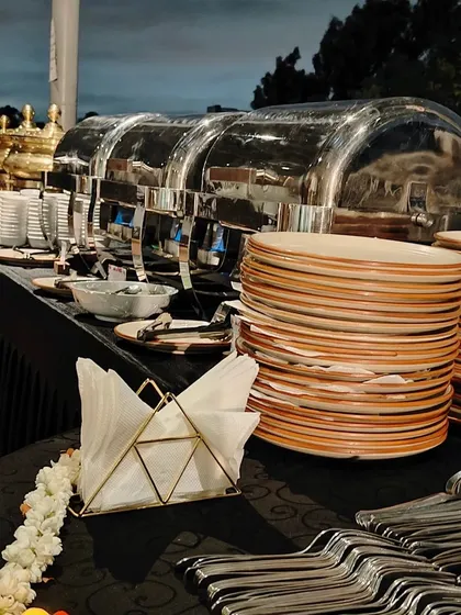 A full view of our traditional buffet line with gleaming chafing dishes, ready for service. We ensure every detail is perfect for your event, from the food to the presentation.