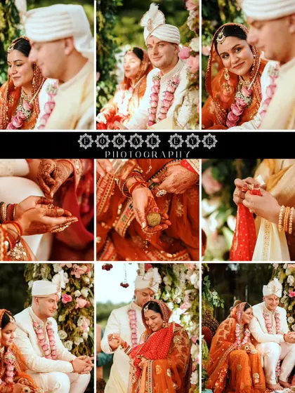 A collage detailing the intricate and meaningful rituals of a traditional Indian wedding ceremony, from holding hands to exchanging vows.
