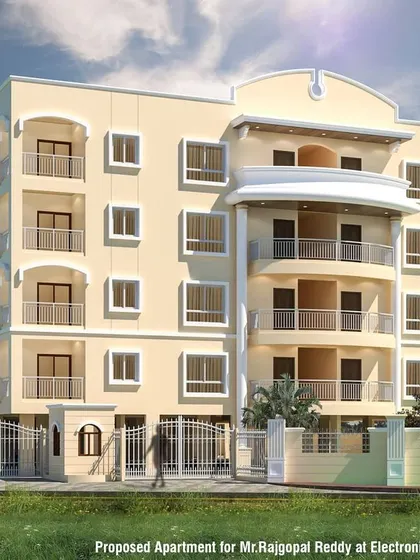 A frontal view of the Electronic City apartment project, providing a clear look at the entrance and the symmetrical arrangement of the balconies and windows.