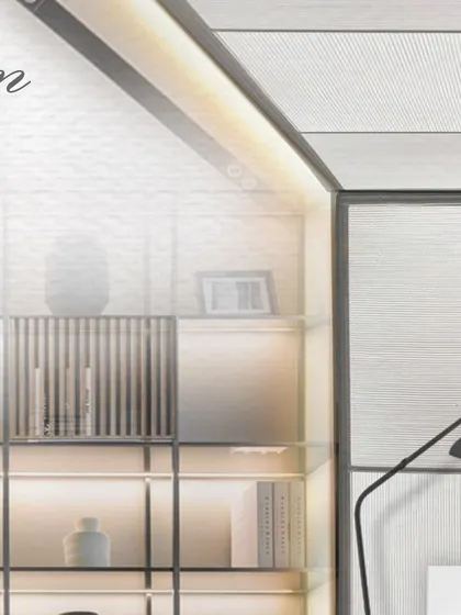This mood board detail focuses on the material palette and storage style for the office cabin. We use these visual tools to conceptualize the look and feel, making it easier for clients to visualize the final space before construction begins.
