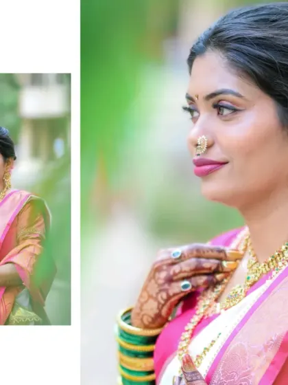 A close-up collage showing the intricate details of the bride's makeup, jewelry, and henna.