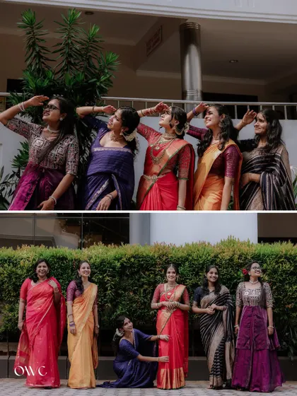 A collage of fun and playful moments between a bride and her bridesmaids.
