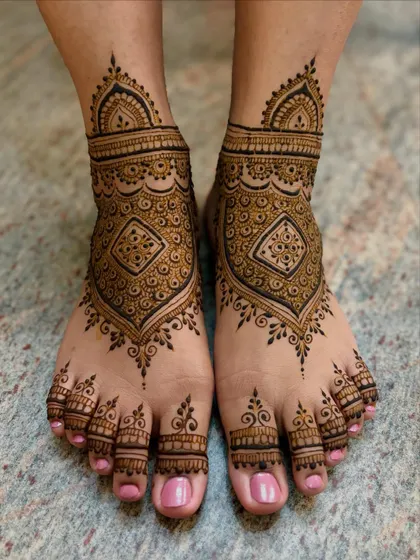 An alternate view of Vishnupriya's bridal feet mehendi, showing the rich, dark application.