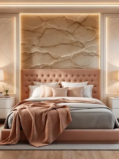 A luxurious bedroom concept where a Peach Fuzz tufted headboard is set against a dramatic, textured stone wall. The design is both soft and powerful.