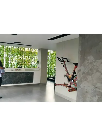 The reception area at Chakra, featuring a clean, minimalist counter against a backdrop of a vibrant green wall. This space provides a fresh and welcoming first impression for members entering the studio.