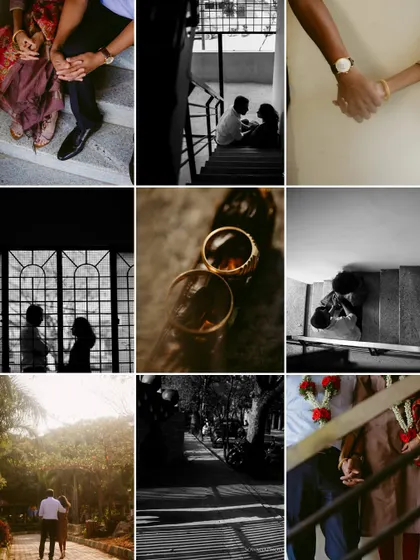 A beautiful collage telling the story of an intimate court wedding. It includes details like the rings, silhouettes, and quiet walks, capturing the essence of their special day.