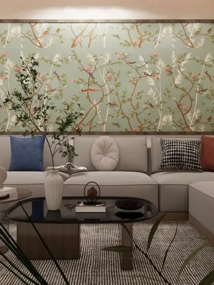 A closer look at the living area in our 3D render, focusing on the comfortable sectional sofa and the layers of texture from the rug, cushions, and wall decor.