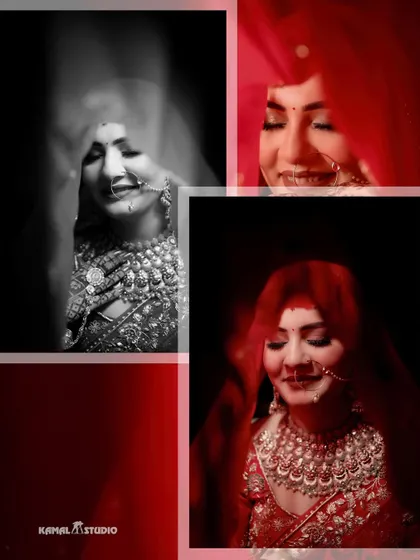 A dramatic and artistic collage of the bride under her red veil, using blur and color effects.