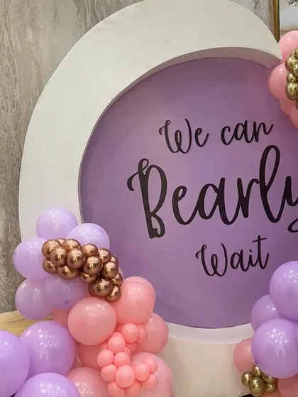 The 'We Can Bearly Wait' signage is a popular and heartwarming touch for any teddy bear themed baby shower.
