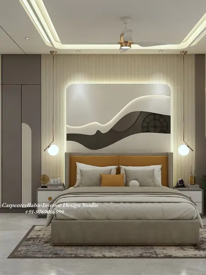 A bedroom with a unique, abstract headboard design that creates a bold focal point. The warm wood tones and neutral bedding create a balanced and inviting space.