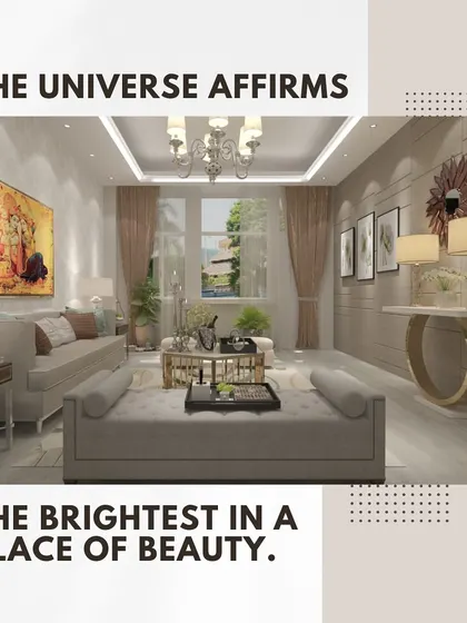 The universe affirms the brightest in a place of beauty. This living room is designed to be a bright, harmonious space with elegant furniture, statement art, and ample lighting.