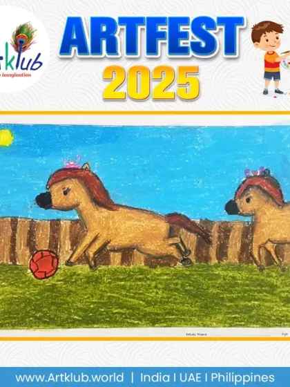 A playful and imaginative drawing from a junior artist, showing two horses with crowns playing with a red ball in a field.