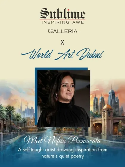 Part of our promotional series introducing our selected artists for World Art Dubai. This graphic introduces Nafisa Poonawala, a self taught artist inspired by nature's poetry.