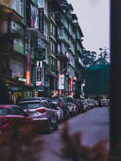 a street lined with cars and neon signs. this urban scene shows how different elements can coexist in a busy but functional layout.